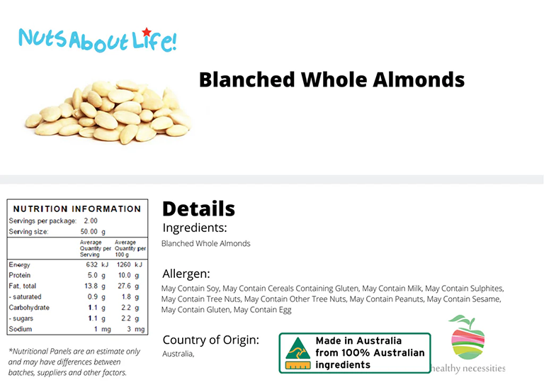 Balance Whole Almonds Nutrition Chart